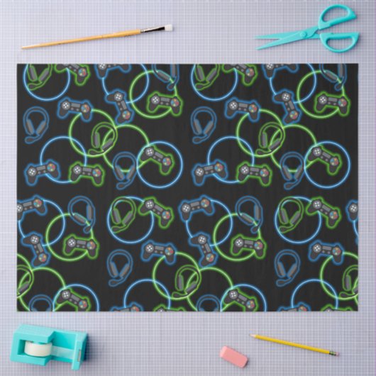 Videospel Neon Blauw & Groen Patroon Tissuepapier (Craft)