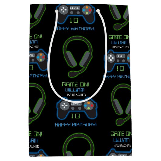 Videospel Neon Blauw & Groen Verjaardag Leeftijd N Medium Cadeauzakje (Voorkant)