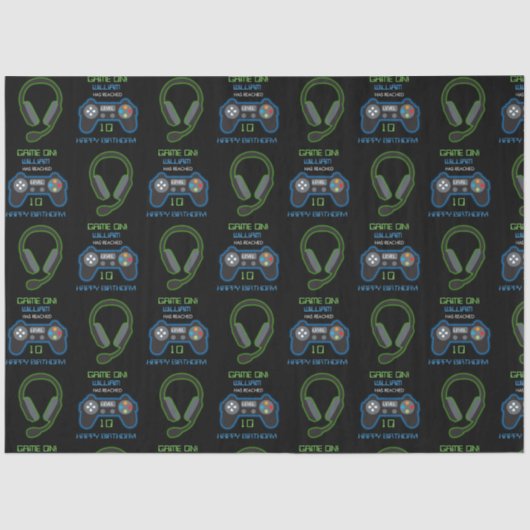 Videospel Neon Blauw & Groen Verjaardag Leeftijd N Tissuepapier (Voorkant)