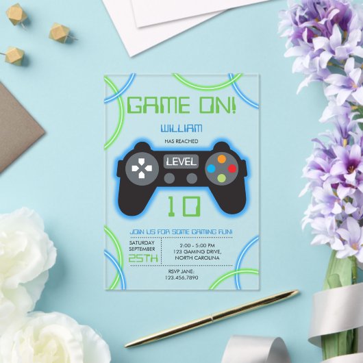 Videospel Neon Blauw & Groen Verjaardagsfeest Acryl Uitnodigingen (Insitu (Huwelijk))