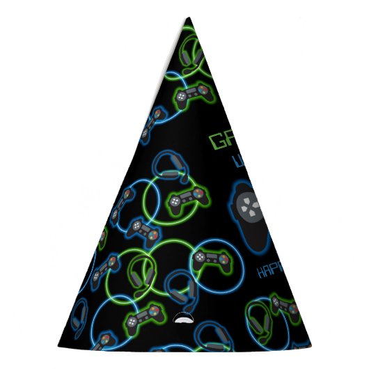 Videospel Neon Blauw & Groen Verjaardagsfeest Feesthoedjes (Links)