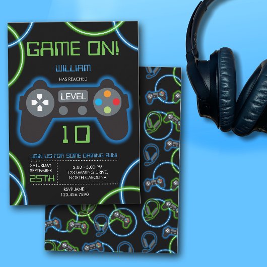 Videospel Neon Blauw & Groen Verjaardagsfeest Kaart