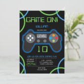 Videospel Neon Blauw & Groen Verjaardagsfeest Kaart (Staand voorkant)
