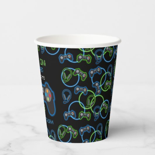 Videospel Neon Blauw & Groen Verjaardagsfeest Papieren Bekers (Achterkant)
