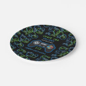 Videospel Neon Blauw & Groen Verjaardagsfeest Papieren Bordje (Gekanteld)