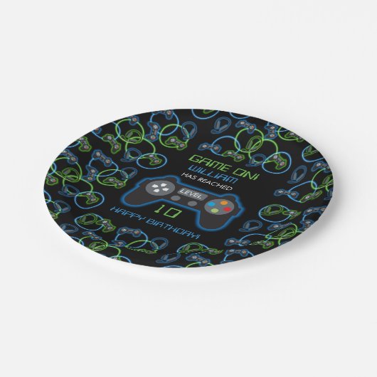 Videospel Neon Blauw & Groen Verjaardagsfeest Papieren Bordje (Gekanteld)