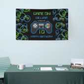 Videospel Neon Blauw & Groen Verjaardagsfeest Spandoek (Beurs)