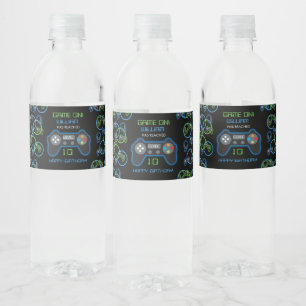 Videospel Neon Blauw & Groen Verjaardagsfeest Waterfles Etiket