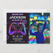 Videospel Neon Kids Verjaardag Foto uitnodiging (Voorkant)