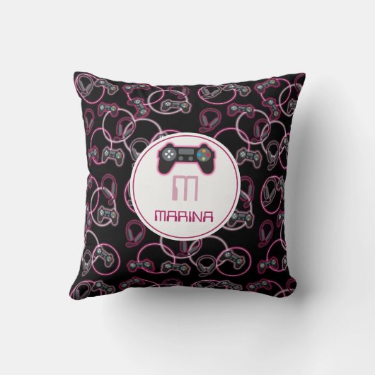 Videospel Neon Roze Meisjes Patroon Monogram Kussen (Achterkant)