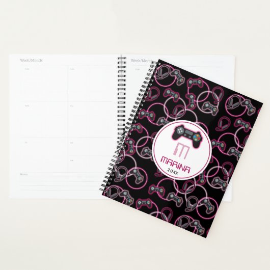 Videospel Neon Roze Meisjes Patroon Monogram Planner (Display)
