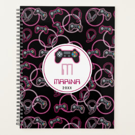 Videospel Neon Roze Meisjes Patroon Monogram Planner
