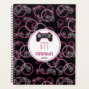 Videospel Neon Roze Meisjes Patroon Monogram Planner