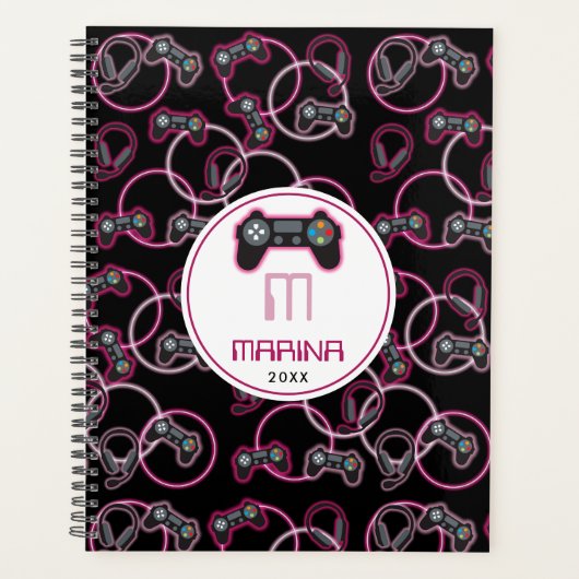 Videospel Neon Roze Meisjes Patroon Monogram Planner (Voorkant)