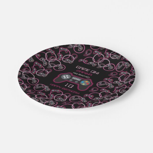 Videospel Neon Roze Meisjes Verjaardagsfeestje Papieren Bordje (Gekanteld)