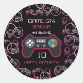Videospel Neon Roze Meisjes Verjaardagsfeestje Ronde Sticker (Voorkant)