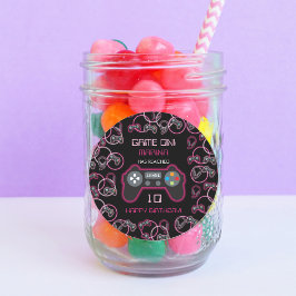 Videospel Neon Roze Meisjes Verjaardagsfeestje Ronde Sticker