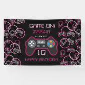 Videospel Neon Roze Meisjes Verjaardagsfeestje Spandoek (Horizontaal)