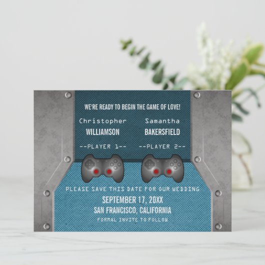 VideoSpel sparen de Datum uitnodigen, Blauw Save The Date (Staand voorkant)