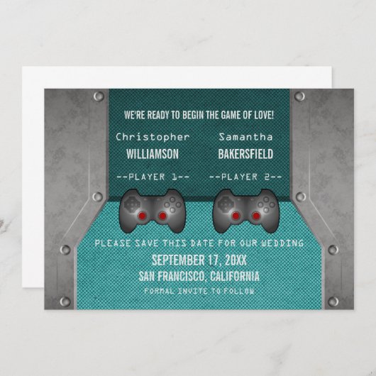 VideoSpel sparen de Datum uitnodigen, Blauwgroen Save The Date (Voorkant / Achterkant)