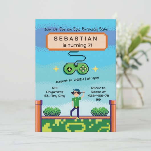 Videospel Verjaardag Uitnodiging (Staand voorkant)