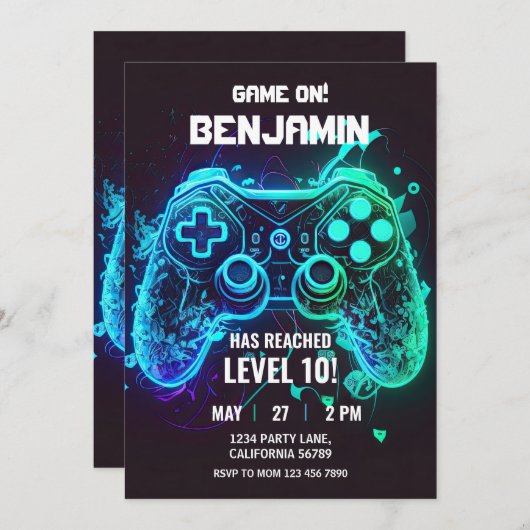 Videospel Verjaardag Uitnodiging Arcade Uitnodigin (Voorkant / Achterkant)