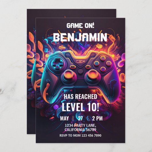 Videospel Verjaardag Uitnodiging Arcade Uitnodigin (Voorkant / Achterkant)