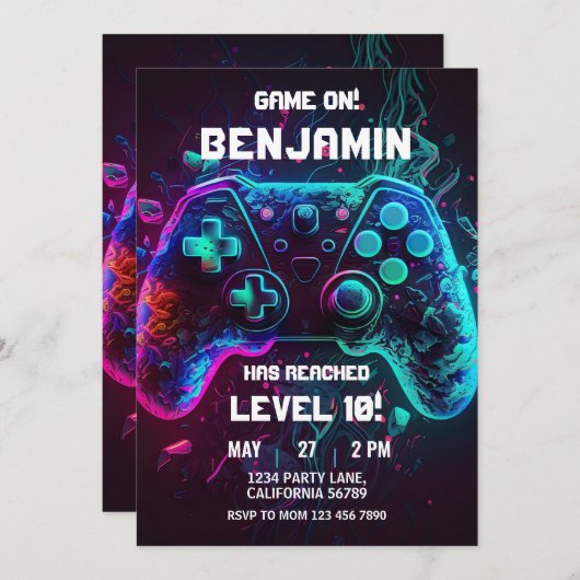 Videospel Verjaardag Uitnodiging Arcade Uitnodigin (Voorkant / Achterkant)