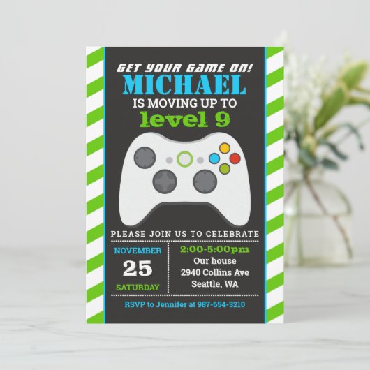 Videospellen, uitnodiging voor games, verjaardag v (Staand voorkant)