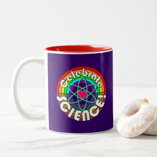 Viel de wetenschap! Rainbow atom (Science March) Tweekleurige Koffiemok (Met donut)