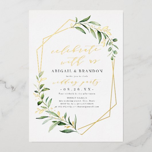 Viel met de groene Geometrische bruiloft van ons Folie Uitnodiging (Voorkant)