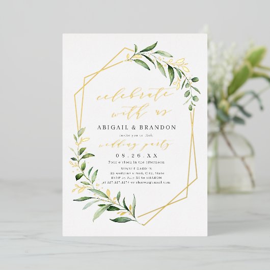 Viel met de groene Geometrische bruiloft van ons Folie Uitnodiging (Staand Voorkant)