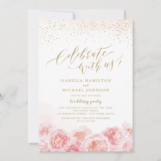 Viel met ons! kalligrafie goud & blozen kaart (Voorkant)