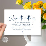 Viel met ons mee, Wedding Rehearsal Dinner Invita Kaart<br><div class="desc">Vier met ons, modern minimalistisch design thema, bruiloft repetitie diner uitnodigingskaart (in Navy Blue lettertype en u kunt gemakkelijk de letterkleur veranderen). Plan je een huwelijksrepetitie Diner viering met de aanstaande bruid en aanstaande bruidegom, voor hun GROTE dag? Nodig de gasten uit met deze perfecte Wedding Repetisal Dinner Invitation Kaart....</div>