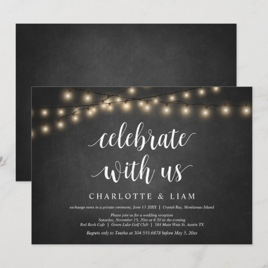 Viel met ons, String Light, Wedding Elopement Kaart (Voorkant / Achterkant)