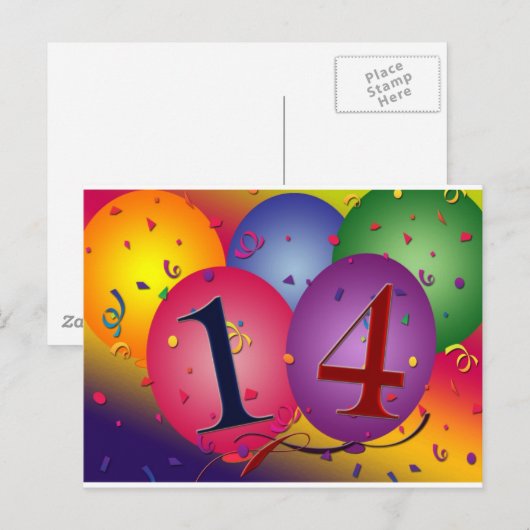 Vier 14e verjaardag briefkaart (Voorkant / Achterkant)