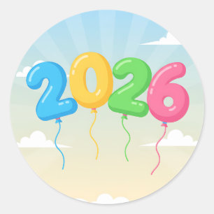 Vier 2026 met kleurrijke zwevende ballonnen ronde sticker