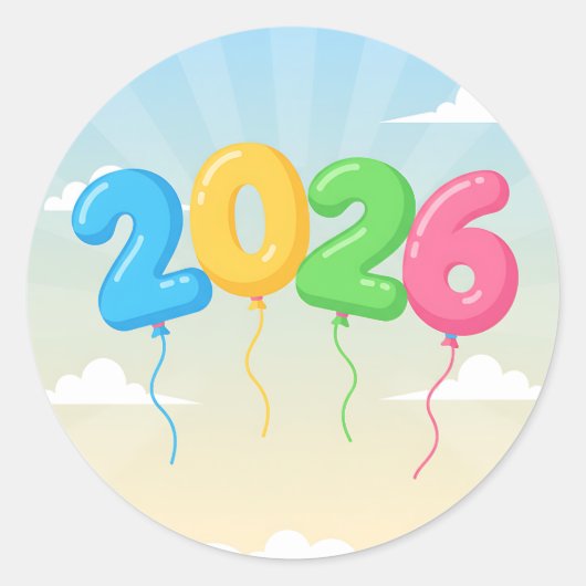 Vier 2026 met kleurrijke zwevende ballonnen ronde sticker (Voorkant)