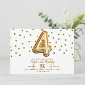 Vier 4 gouden ballon en Confetti 4e verjaardagsfee Kaart (Staand voorkant)