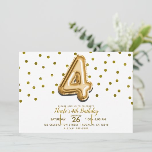 Vier 4 gouden ballon en Confetti 4e verjaardagsfee Kaart (Staand voorkant)