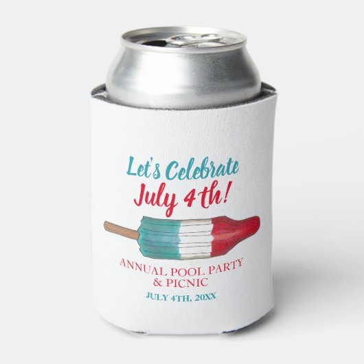 Vier 4 juli Rood Wit Blauw Raket Pop Blikjeskoeler (Blikje Voorkant)