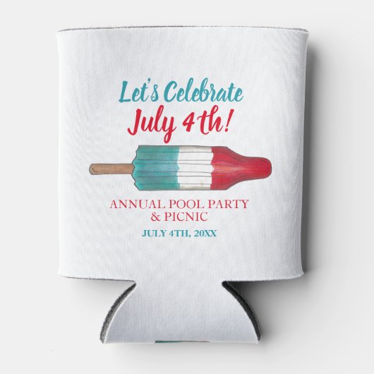 Vier 4 juli Rood Wit Blauw Raket Pop Blikjeskoeler (Voorkant)