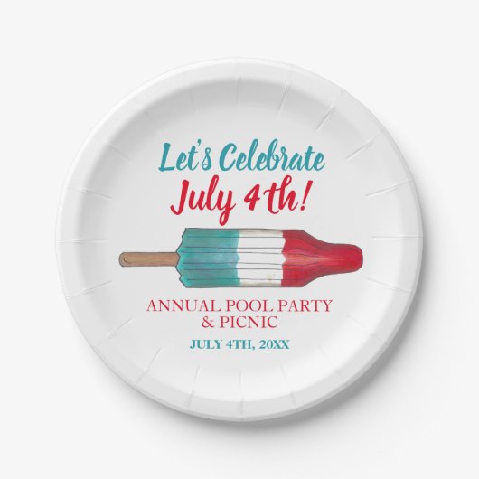Vier 4 juli Rood Wit Blauw Raket Pop Papieren Bordje (Voorkant)