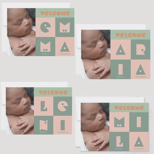 Vier 4 letters naam baby meisje geboorte aankondig bedankkaart