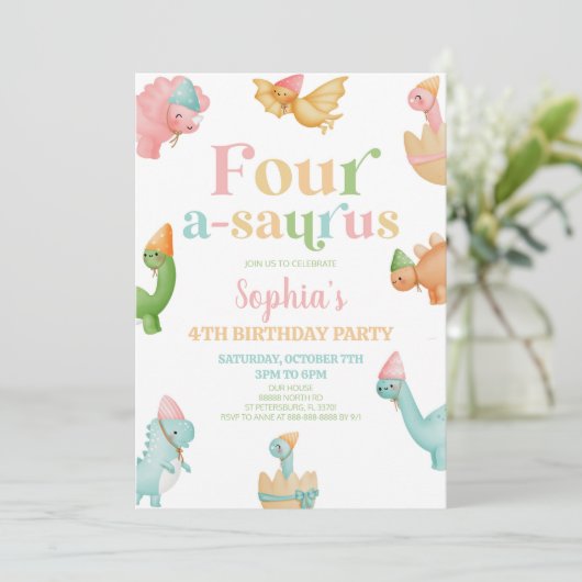 Vier A-Saurus Dinosaurus 1e Verjaardagsfeest Kaart (Staand voorkant)