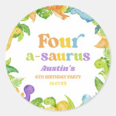Vier A-Saurus Dinosaurus 4de Vierde Verjaardagsfee Ronde Sticker (Voorkant)