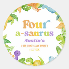 Vier A-Saurus Dinosaurus 4e Verjaardagsfeest Ronde Sticker