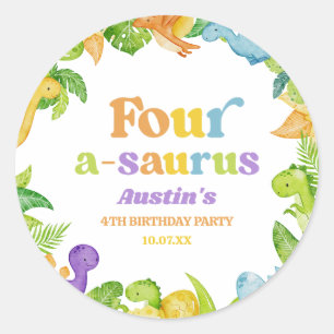 Vier A-Saurus Dinosaurus 4e Verjaardagsfeest Ronde Sticker