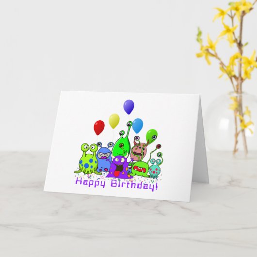 Vier Aliens Verjaardag Kaart (Gele Bloem)