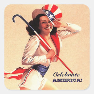 Vier Amerika! 4 juli Retro Pin-up Vierkante Sticker